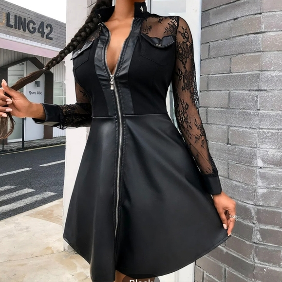 SOLD!!!Women's Sexy Zippered Leather & Lace Print Maxi, Mini Dress - Picture 5 of 5